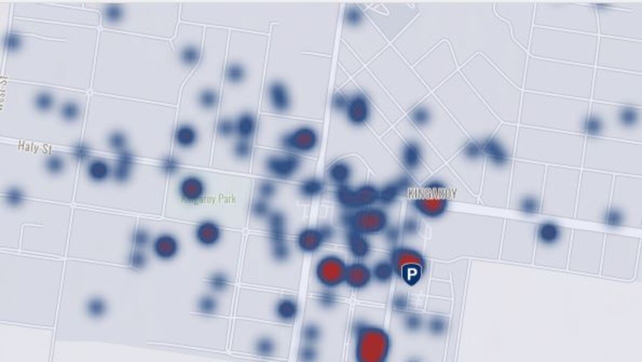Crime heat map of Kingaroy from September 3 2018 – September 2 2020. (Picture: Queensland Police Service)
