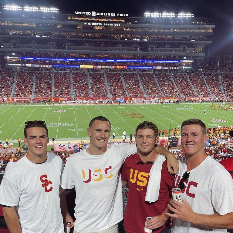 Cronulla Sharks teammates Blayke Brailey, Connor Tracey and Teig Wilton at the USC Trojans college football game. Picture: Instagram