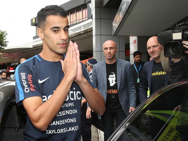 Thankful: Hakeem al-Araibi departs the airport. Picture: Scott Barbour/Getty Images