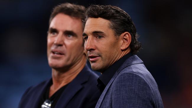 SYDNEY, AUSTRALIA - MARCH 17: NSW Blues state of origin coach Brad Fittler speaks to Queensland Maroons state of origin coach Billy Slater during the warm-up before the round three NRL match between Sydney Roosters and South Sydney Rabbitohs at Allianz Stadium on March 17, 2023 in Sydney, Australia. (Photo by Mark Kolbe/Getty Images)