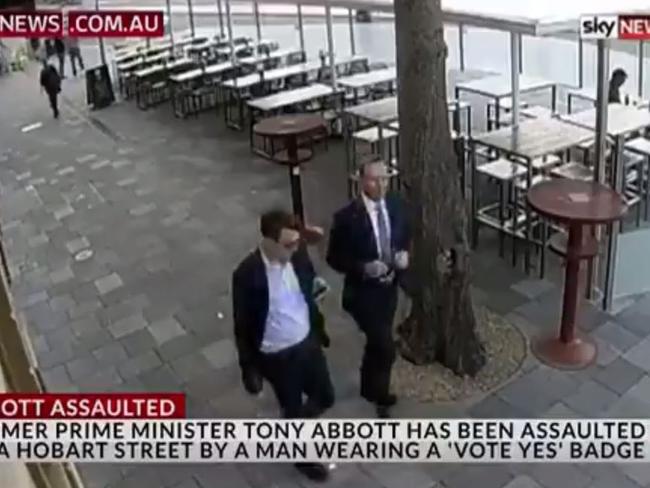 The moment before Tony Abbott was allegedly headbutted in Hobart. Picture: Sky News