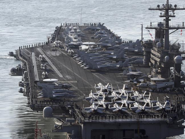 U.S. Navy aircraft carrier, the USS Carl Vinson, approaches Busan port in Busan, South Korea, to participate in an annual joint military exercise called Foal Eagle between South Korea and the US. Picture: AP