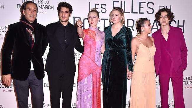 Alexandre Desplat, Louis Garrel, Saoirse Ronan, Greta Gerwig, Florence Pugh and Timothee Chalamet at the Paris Little Women Premiere. Picture: Pascal Le Segretain/Getty Images