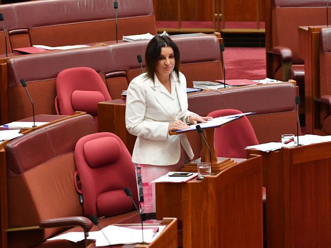 Tasmanian Senator Jacqui Lambie speaks on her bill to the Senate to ban the Islamic burqa in public. Picture: AAP