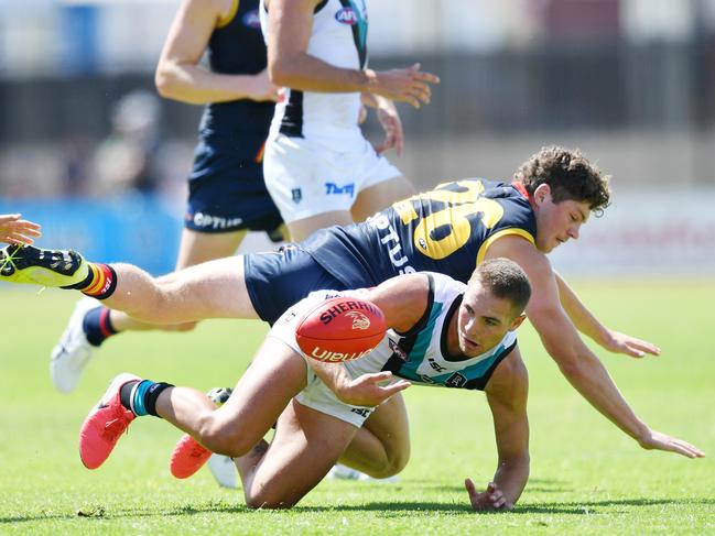 Harry Schoenberg of the Crows and Boyd Woodcock of the Power contest the ball during an AFL pre-season hit out match between the Adelaide Crows and the Port Adelaide Power at Thebarton Oval in Adelaide, Saturday, February 29, 2020. (AAP Image/David Mariuz) NO ARCHIVING, EDITORIAL USE ONLY