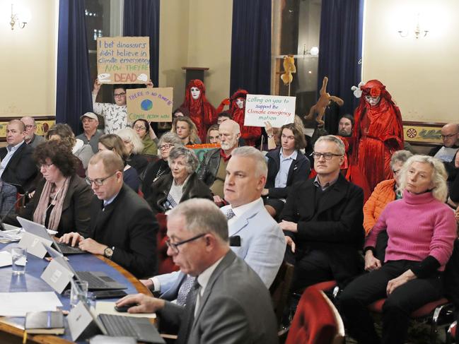 Climate change activists filled the council chambers for the Hobart City Council meeting. Picture: PATRICK GEE