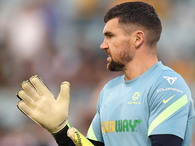 CANBERRA, AUSTRALIA - MARCH 26: Mathew Ryan of Australia warms up before the FIFA World Cup 2026 Qualifier match between Australia Socceroos and Lebanon at GIO Stadium on March 26, 2024 in Canberra, Australia. (Photo by Mark Kolbe/Getty Images)