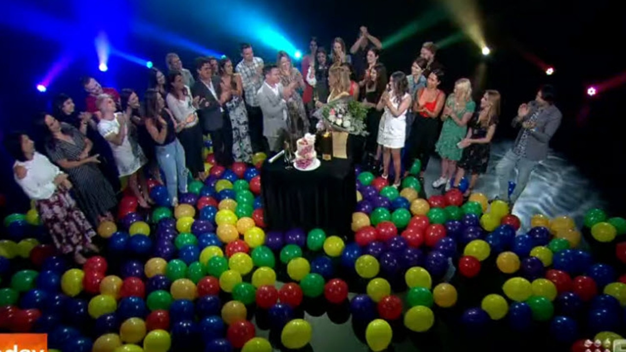 The big finish: an array of colourful balloons fell from the ceiling. Picture: Channel 9.