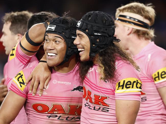 MELBOURNE, AUSTRALIA - JUNE 30: Brian To'o of the Panthers celebrates scoroing a try with Jarome Luai of the Panthers during the round 18 NRL match between Melbourne Storm and Penrith Panthers at Marvel Stadium on June 30, 2023 in Melbourne, Australia. (Photo by Kelly Defina/Getty Images)