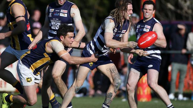 Rupertswood and Macedon do battle in last year’s RDFL grand final. Picture: George Salpigtidis.