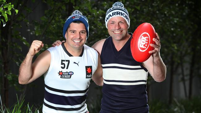 Leigh Montagna and Brad Johnson in their junior footy club jumpers. Picture: Rebecca Michael