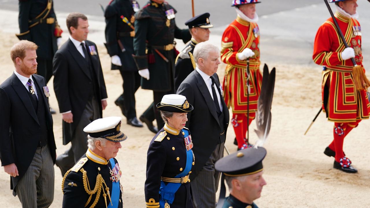 King Charles III, Princess Anne, Prince Andrew and Prince Harry pictured following the coffin. Picture: David Davies – WPA Pool/Getty Images