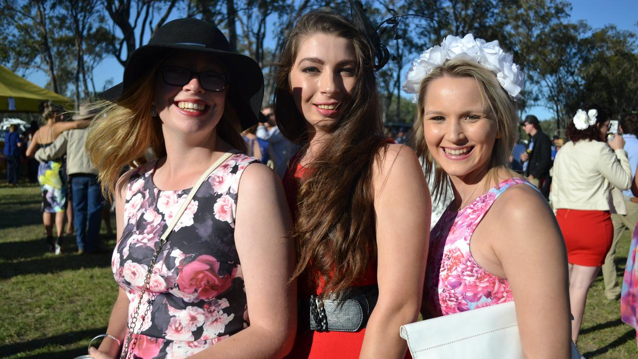 Paige Caldwell, Kristen Fisher and Kirsty Butkus enjoy the Burrandowan races. Photo Keagan Elder / South Burnett Times