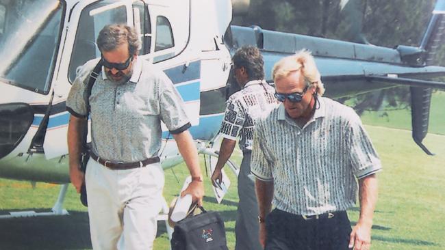 Greg Norman arriving at the Grand Golf Club by helicopter. Pic supplied.