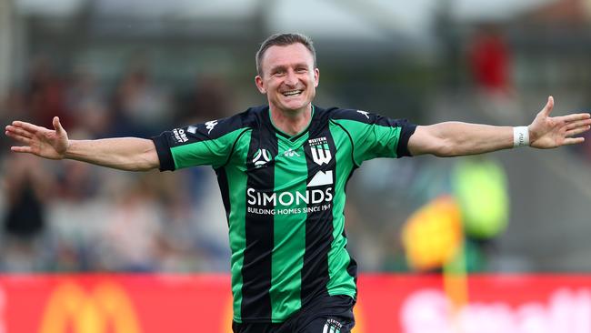 Western United’s Besart Berisha after scoring against Macarthur FC at Mars Stadium in Ballarat. Picture: Getty Images