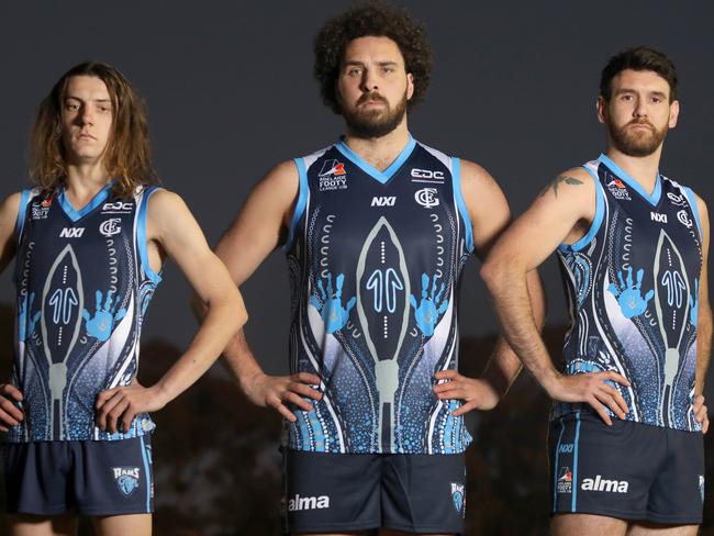 Glenunga Rams will celebrate its first Indigenous Round in the Adelaide Footy League this Saturday with a special guernsey designed by its senior Indigenous players. Star Indigenous players Abe Davis (former Sturt),(C), Sam Abell ,(R), and Kai Rankine (L). 4 July 2023. Picture Dean Martin