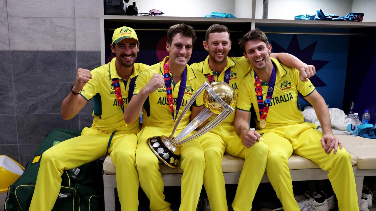 Mitchell Starc, Pat Cummins, Josh Hazlewood and Mitch Marsh have every reason to celebrate. Picture: Robert Cianflone/Getty Images