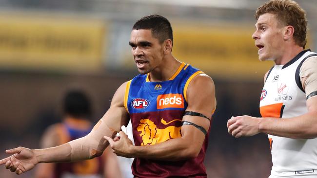 Adam Kennedy was warned for the attention he gave Charlie Cameron’s injured elbow. Picture: Michael Willson/AFL Photos via Getty Images.