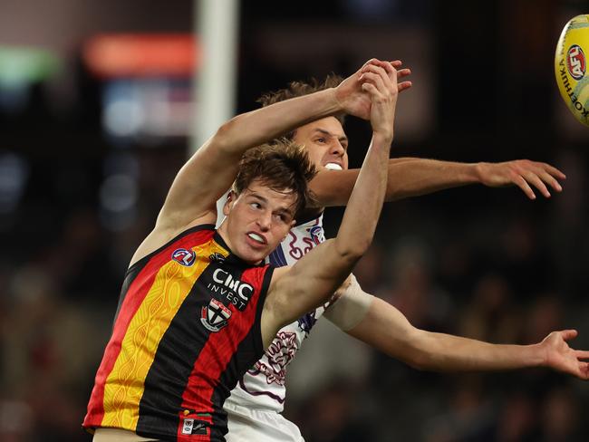 MELBOURNE, AUSTRALIA - MAY 18: Mattaes Phillipou of the Saints attempts to mark during the round 10 AFL match between Euro-Yroke (the St Kilda Saints) and Walyalup (the Fremantle Dockers) at Marvel Stadium, on May 18, 2024, in Melbourne, Australia. (Photo by Robert Cianflone/Getty Images)