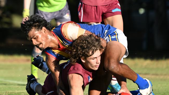 Domonic Grant tackling Joshua Garrels during a Prince Alfred Old Collegians and Old Ignatians matchup last Adelaide Footy League season. Picture: Morgan Sette