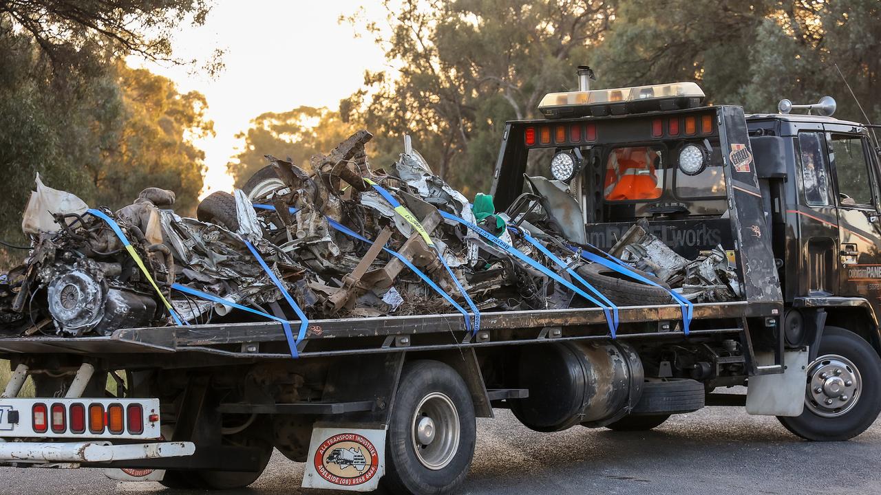 The wreckage of car in which five people died is taken away from the scene on the corner of Labuan Rd and Murray Valley Highway. Picture: Ian Currie