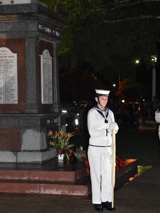 Australian Navy Cadets form the Cenotaph Guard at the Mackay Anzac Day 2021 Dawn Service at Jubilee Park cenotaph. Picture: Tara Miko