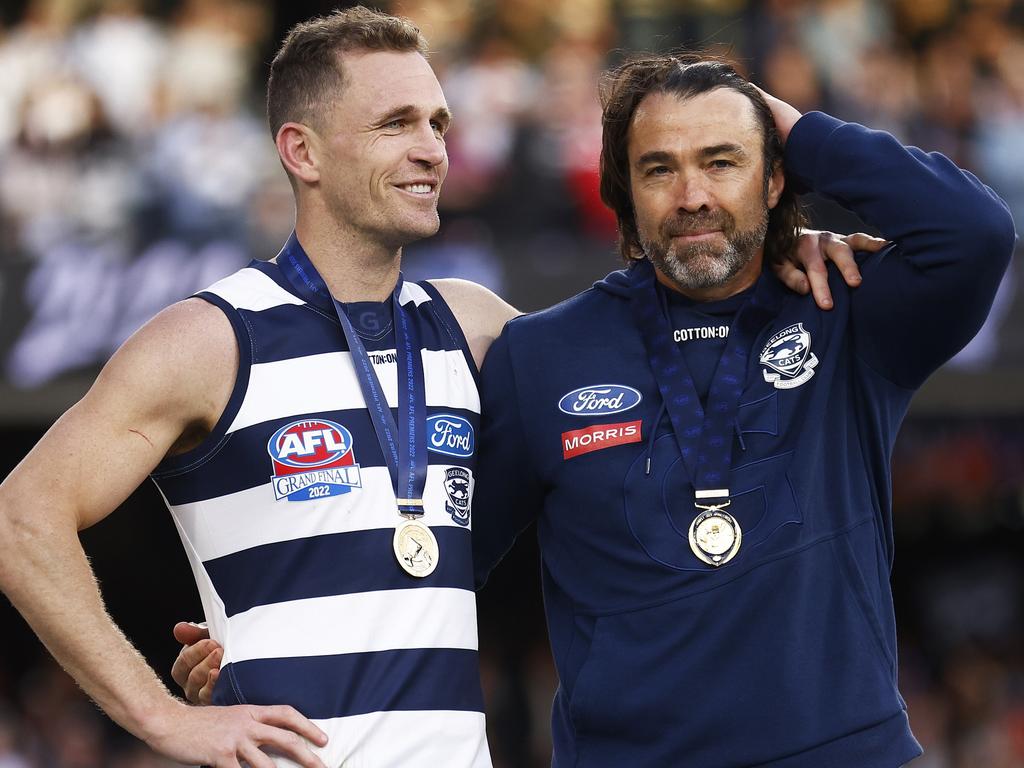 Chris Scott and Joel Selwood are two of the most influential people in Geelong’s history. Picture: Daniel Pockett/AFL Photos/via Getty Images