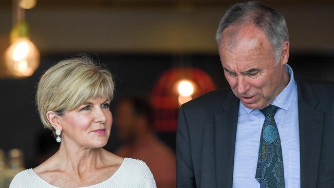 Australian Minister for Foreign Affairs Julie Bishop (left) and former member for Bennelong John Alexander visit Eastwood Mall in Sydney, Wednesday, November 15, 2017. Bennelong, held by the Liberals with a margin of more than nine per cent, is up for grabs after John Alexander was forced to resign over dual citizenship concerns. (AAP Image/Peter Rae) No Archiving