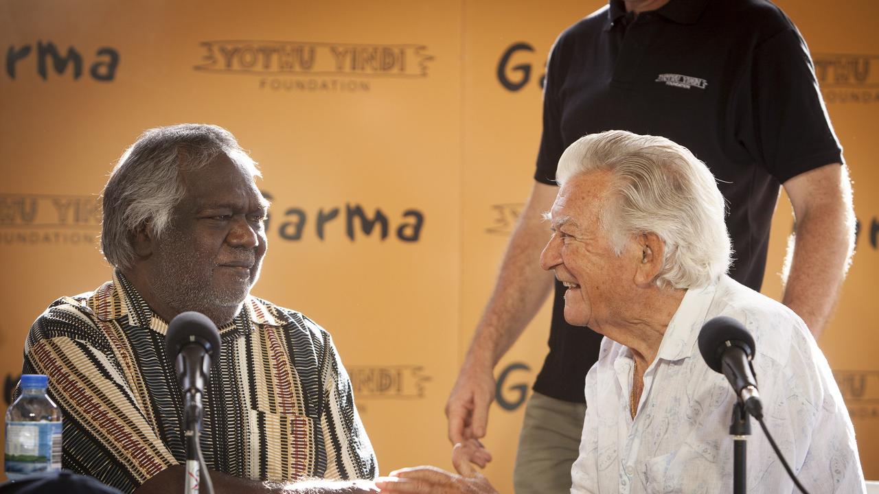 Yunupingu with Bob Hawke at Garma in 2014. Picture: Peter Eve