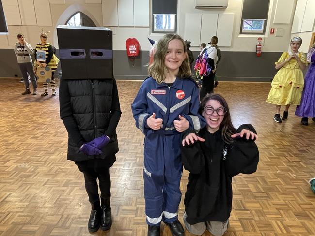 St Kilian's Primary School students Ruby Bush-McCarron, Violet Walsh and Tiarna Micallef dressed up for Book Week. Picture: Gianni Francis.