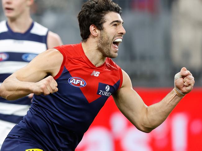 PERTH, AUSTRALIA - SEPTEMBER 10: Christian Petracca of the Demons celebrates a goal during the 2021 AFL First Preliminary Final match between the Melbourne Demons and the Geelong Cats at Optus Stadium on September 10, 2021 in Perth, Australia. (Photo by Michael Willson/AFL Photos via Getty Images)