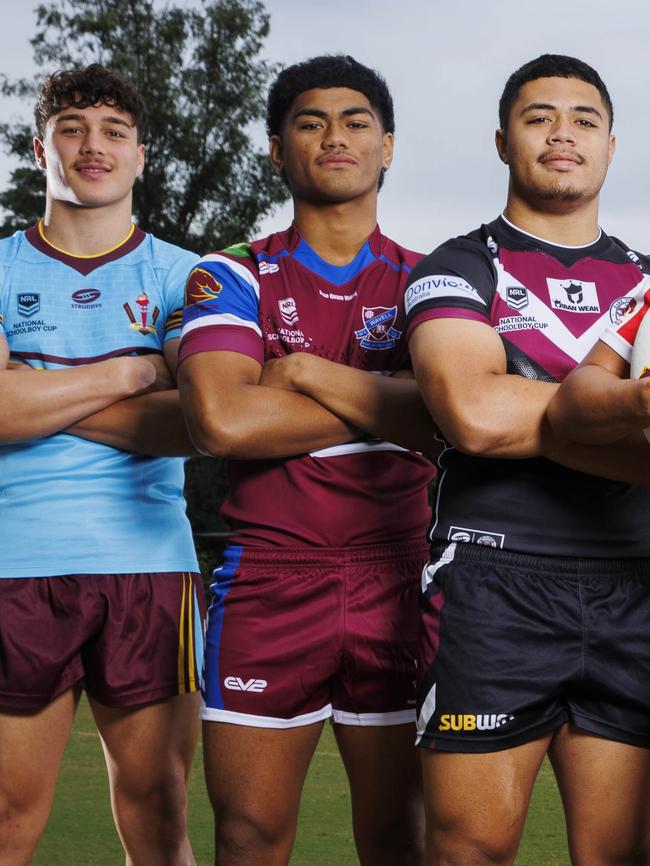 Langer Trophy: Seth Nikotemo (Keebra Park SHS), Karl Oloapu (Wavell SHS), Chris Faagutu (Marsden SHS). Picture Lachie Millard