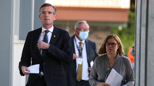 NSW Premier Dominic Perrottet and Minister for Health Brad Hazzard and NSW Chief Health Officer Dr Kerry Chant arrive to for a Covid update. Picture: Gaye Gerard