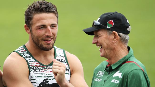 Wayne Bennett (R) shares a laugh with Sam Burgess. Picture: Mark Kolbe/Getty Images