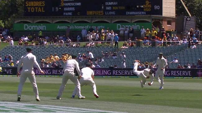 Usman Khawaja takes a stunning catch to dismiss India’s captain Virat Kohli. Picture: Fox Sports