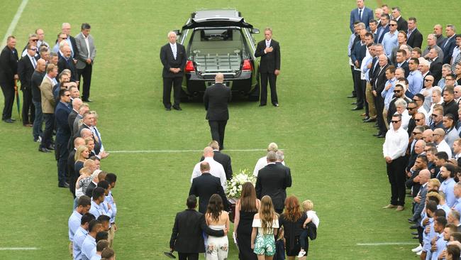 Hundreds of mourners are seen at Belmore Sports Ground to farewell Canterbury Bulldogs NRL great Steve Folkes on March 5. Picture: Brendan Esposito