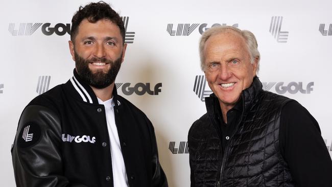 Two-time major winner and the reigning Masters champion, Jon Rahm and LIV Golf Commissioner and CEO Greg Norman shake hands during a LIV Golf announcement at the Park Hyatt New York on Dec. 7, 2023 in New York, New York. (Photo by Scott Taetsch/LIV Golf)