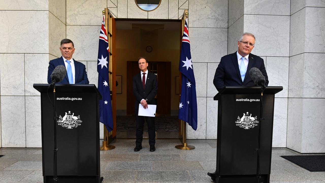 Chief Medical Officer Professor Brendan Murphy, Minister Health Greg Hunt and Prime Minister Scott Morrison have been providing regular updates over te coronavirus. Picture: Mick Tsikas