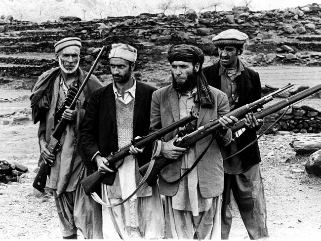 Mujahideen guerrilla fighters during Soviet occupation in Afghanistan in 1980.