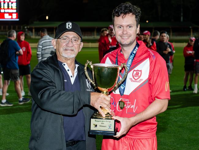 St George captain Nicholas Stapleton (R) with Harry Solomons after the Kingsgrove Sports T20 Cup grand final at North Sydney Oval. Picture: Ian Bird Photography