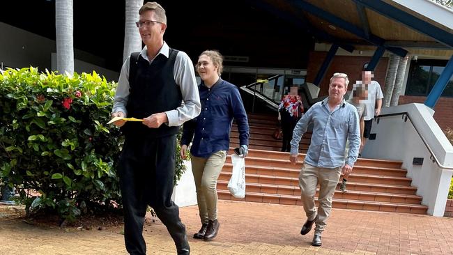 Christopher Watson, front left with glasses, leaves Cleveland Magistrates Court with supporters after pleading guilty to high-range drink driving. Picture: Marcel Baum