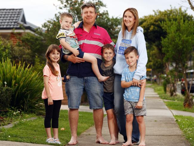 Pictured at their home at Jordan Springs in western Sydney are Stuart and Donna Pritchard with their kids Lucy (5) Freddie (3) Charlie (7) and Alfie (5). Picture: Richard Dobson