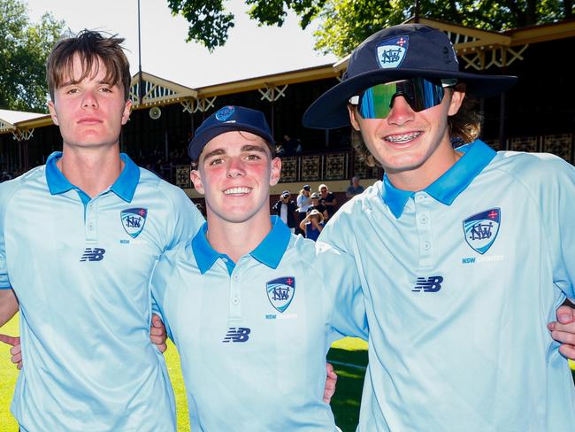 Kasey Barton (far right) after winning the final of the Cricket Australia Under 17 Male National Championships, Ballarat, on January 11. Picture: Dylan Burns