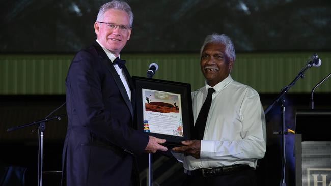 Sean Bowden and Ronald 'Barney''&#149; Quall at the 2023 AFLNT Hall of Fame. Picture: Pema Tamang Pakhrin