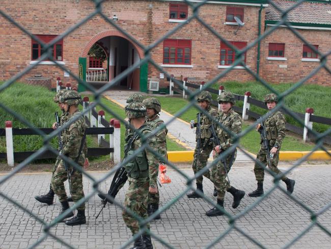 Soldiers patrol inside El Buen Pastor prison in Bogota. Picture: Joe Parkin Daniels (Cassandra)