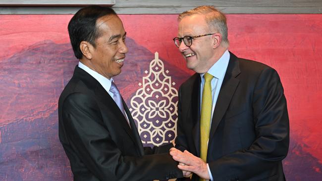 Indonesian President Joko Widodo, left, meets Anthony Albanese in Bali on Monday. Picture: AAP