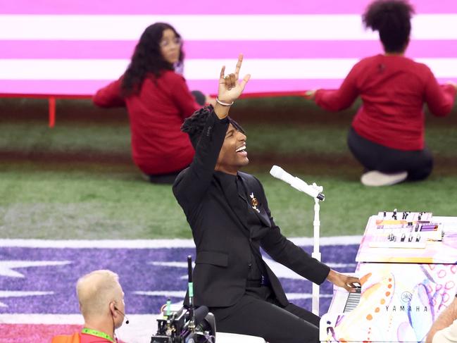 Jon Batiste performs the National Anthem at the Super Bowl. Picture: Getty Images