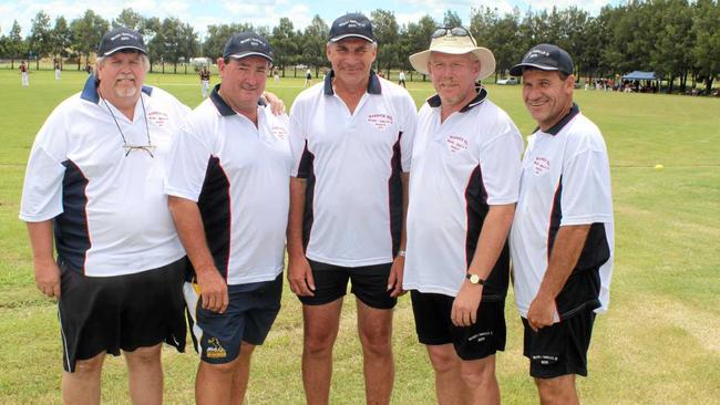 GOOD MATES: (From left) Brad Mutton, Tony Small, Don Warrener, Greg McMahon and Peter Rutledge pictured in 2011 after playing in 20 successive Warwick cricket carnivals for Bears/Small's XI. Picture: Gerard Walsh