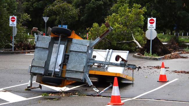 There was a brief tornado at the Brisbane Airport at around 10am on Friday causing plenty of damage. Picture: David Clark