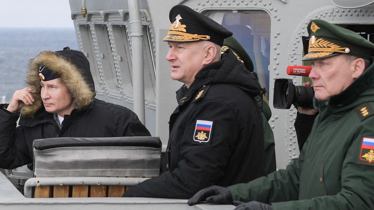 Left to right: Russian President Vladimir Putin, Chief Commander of the Northern Fleet Nikolai Yevmenov and Russian Ground Forces colonel general Aleksandr Dvornikov attend the joint drills of the Northern and Black sea fleets in Sevastopol, Crimea, Russia in 2020. Picture: Alexei Druzhinin / Sputnik / Sputnik via AFP